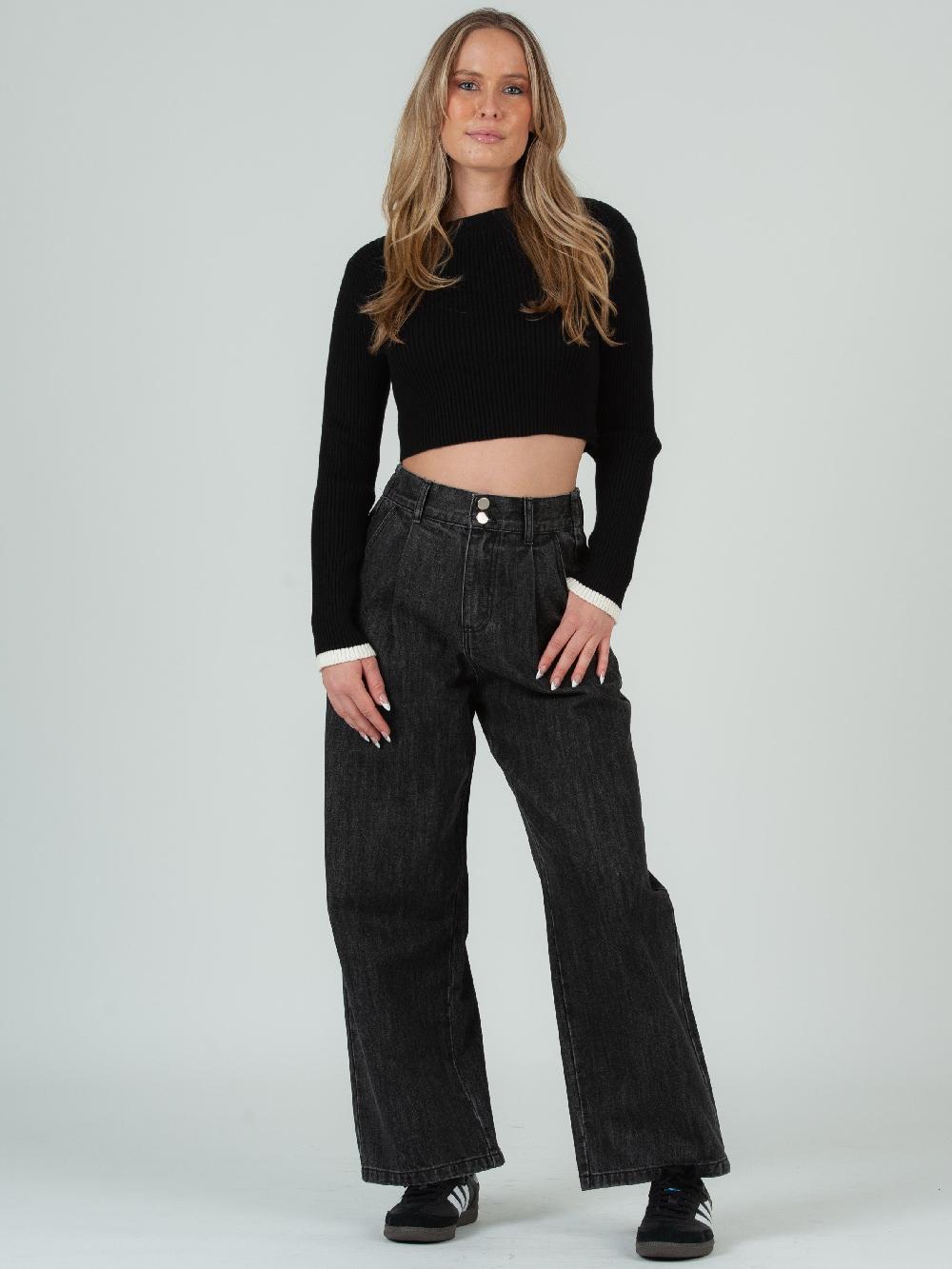 lucca couture MADDIE KNIT SWEATER TOP-BLACK/WHITE