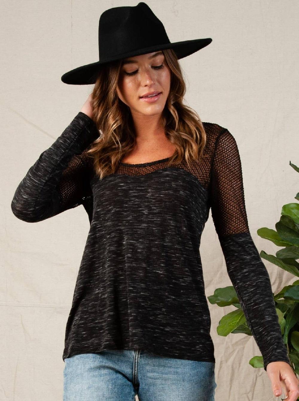 lucca couture MARLED KNIT AND MESH TOP-BLACK