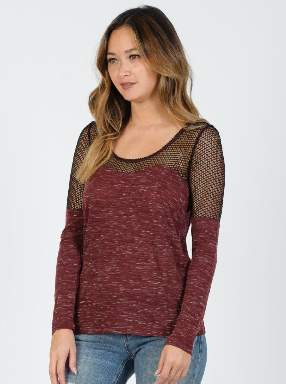 lucca couture MARLED KNIT AND MESH TOP-MULBERRY