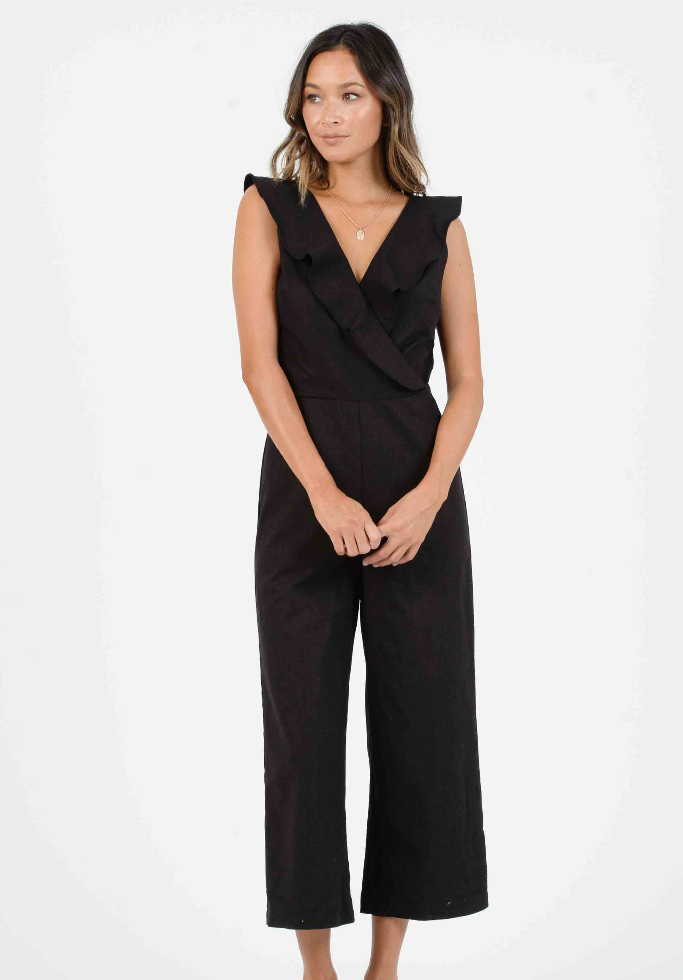 lucca couture MAUI CROSS RUFFLE JUMPSUIT-BLACK