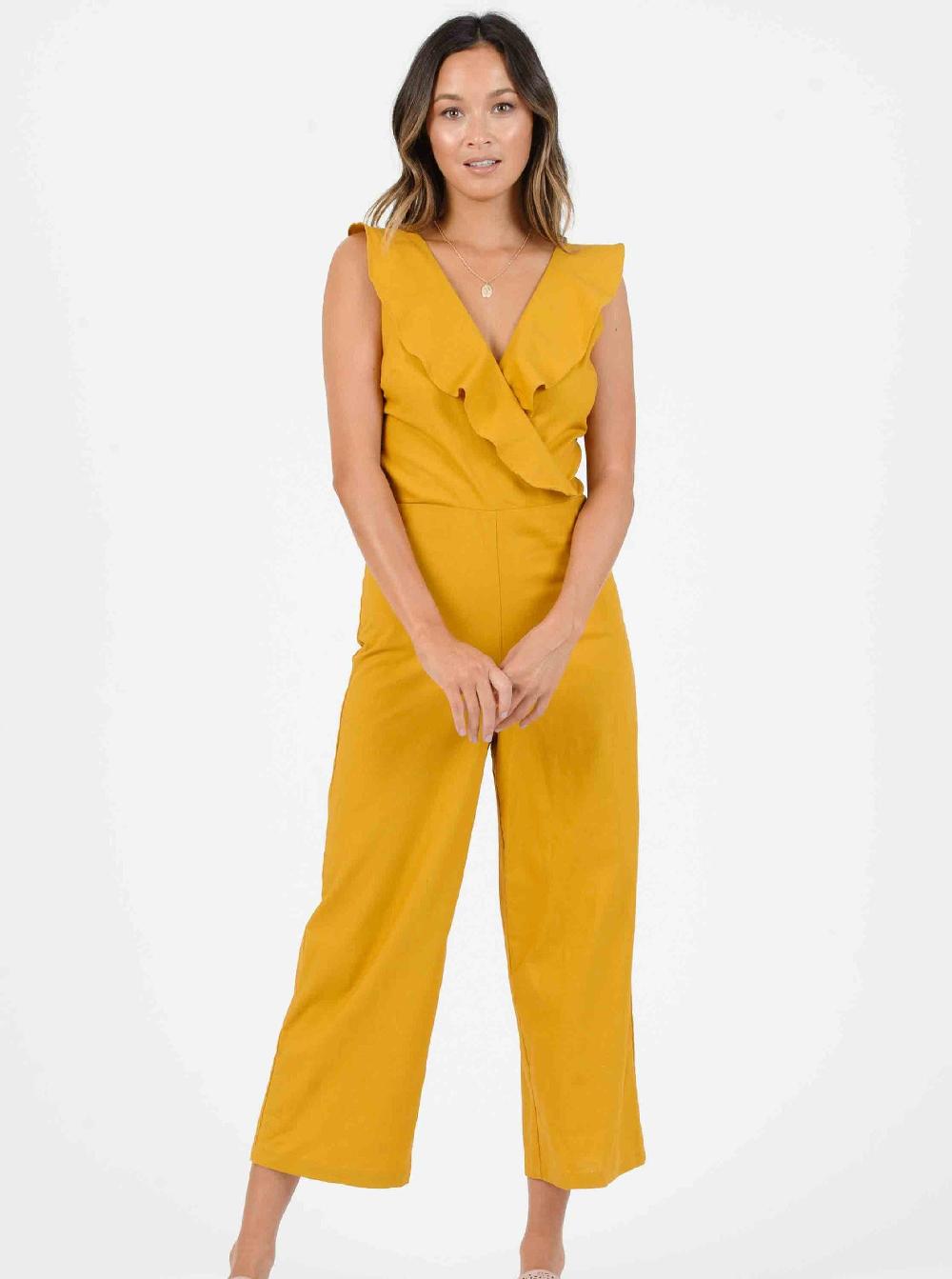 lucca couture MAUI CROSS RUFFLE JUMPSUIT-MUSTARD