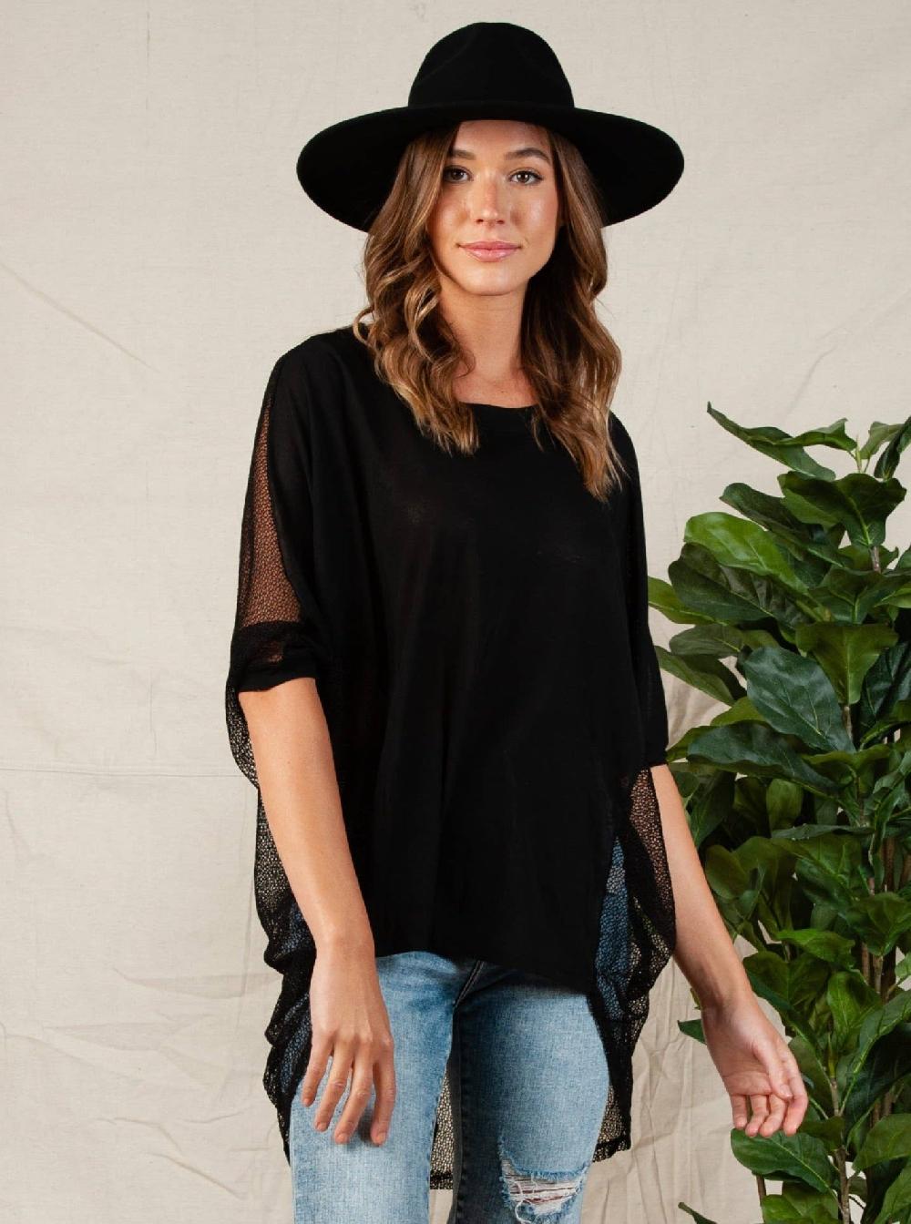 lucca couture MESH MIXED HI LO TOP-BLACK