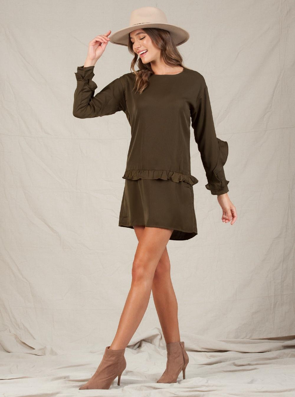 lucca couture NOVA RUFFLE SHIFT DRESS-OLIVE