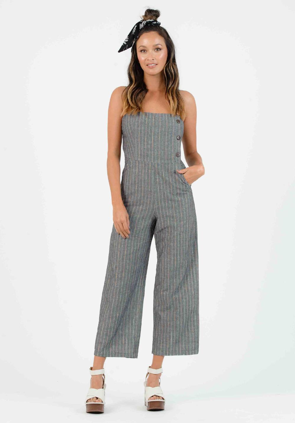 lucca couture OHANA JUMPSUIT-BLACK/RAINBOW STRIPE
