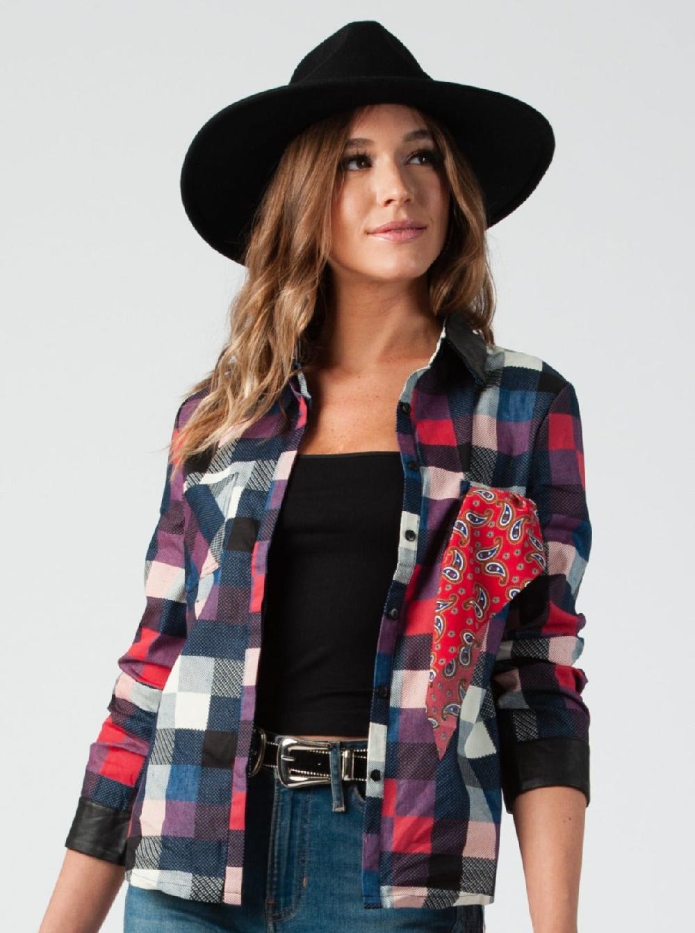 lucca couture PLAID PATCHWORK BUTTON DOWN