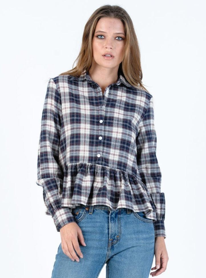 lucca couture PLAID PEPLUM BLOUSE-NAVY PLAID