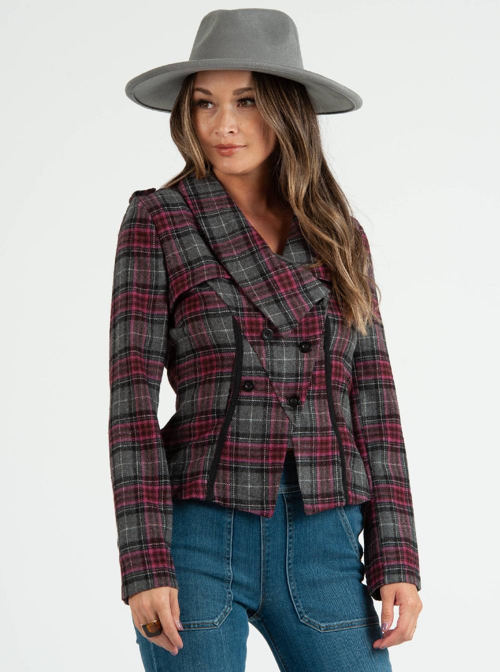 lucca couture PLAID ZIP UP MOTO JACKET-CHAR/PINK