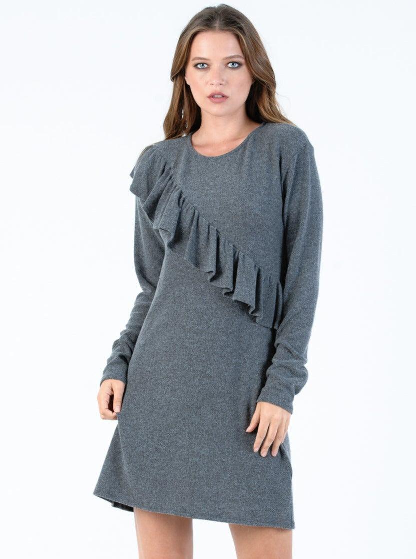 lucca couture POLAR RUFFLE DRESS-CHARCOAL