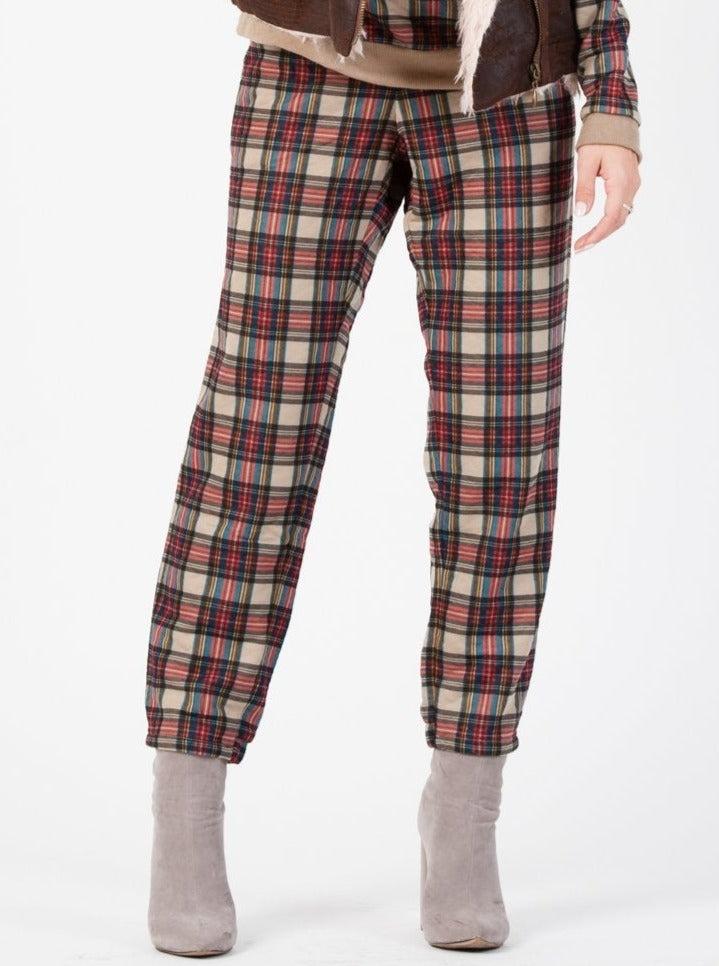lucca couture QUILTED JOGGER PANT-TAN RED PLAID