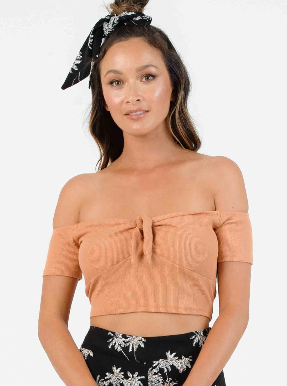 lucca couture ROLLAND TIE FRONT CROP TOP-CARAMEL