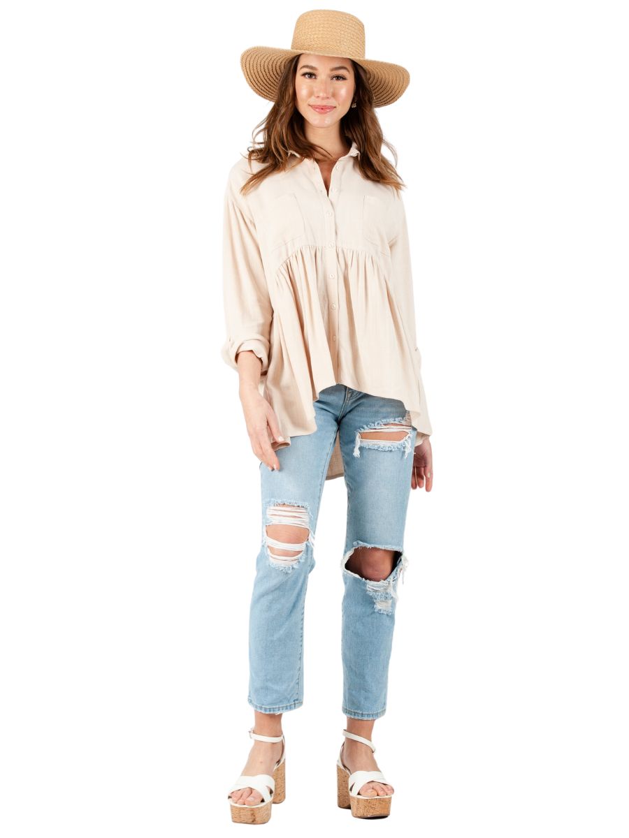 lucca couture ROSE PEPLUM COLLARED TOP-BLUSH