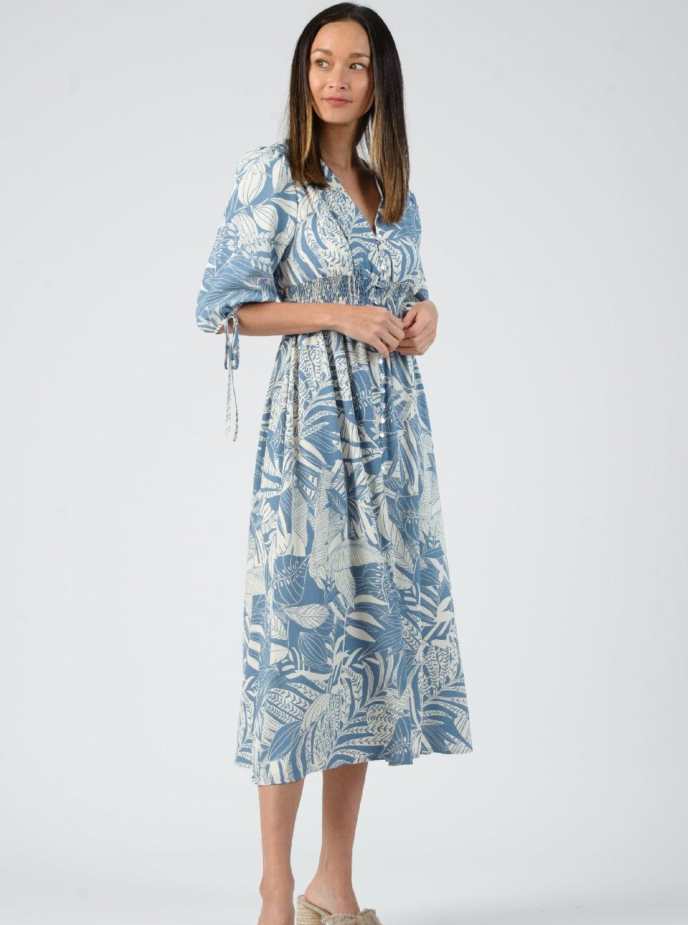 lucca couture SISSY SMOCKED MIDI DRESS-BLUE LEAF