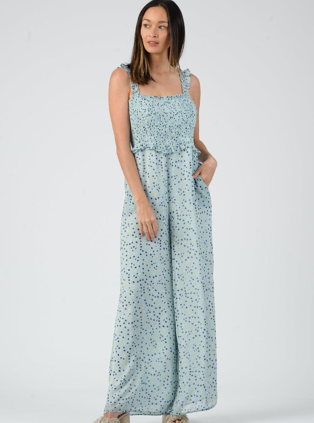 lucca couture SMOCKED JUMPSUIT-SAPPHIRE SPOTS