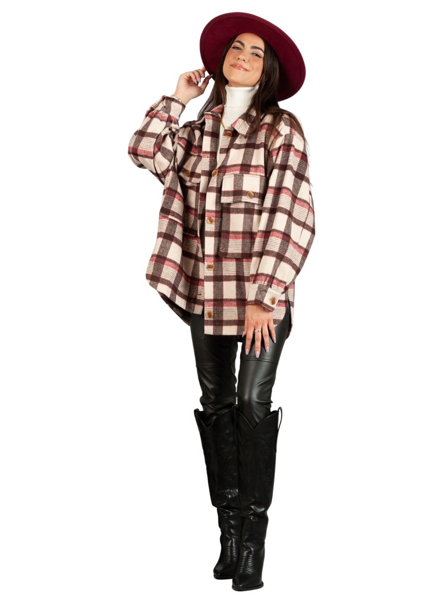 lucca couture SOUTHEAST SHACKET-MERLOT PLAID