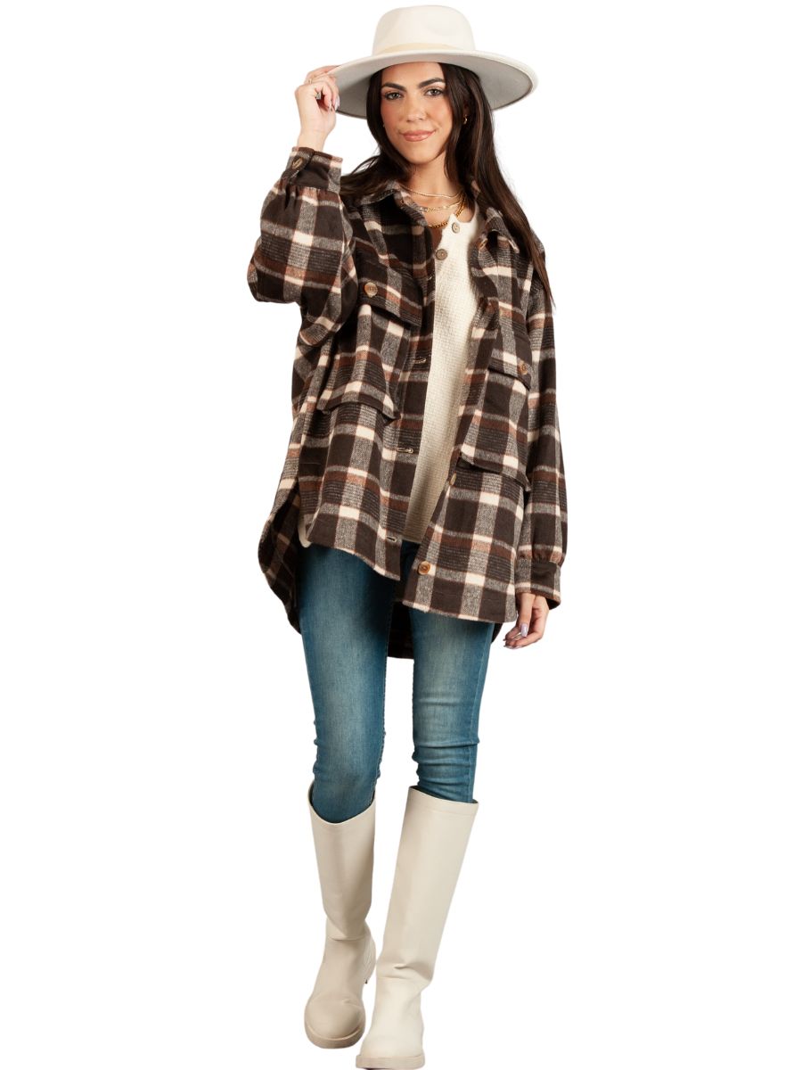 lucca couture SOUTHEAST SHACKET-MOCHA PLAID