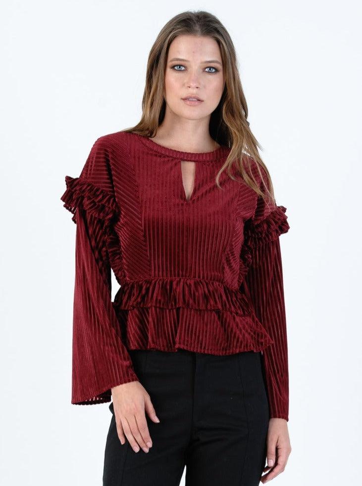 lucca couture TAHOE RUFFLE BLOUSE-MERLOT STRIPE
