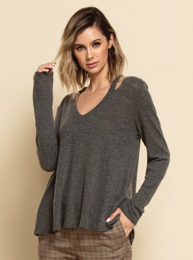 lucca couture VALENTINA LONG SLEEVE HACCI TOP-GREY