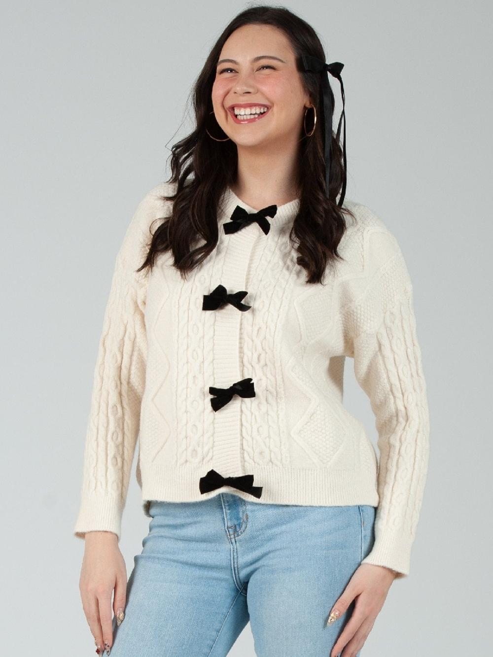 lucca couture Women's Cable Knit Bow Cardigan