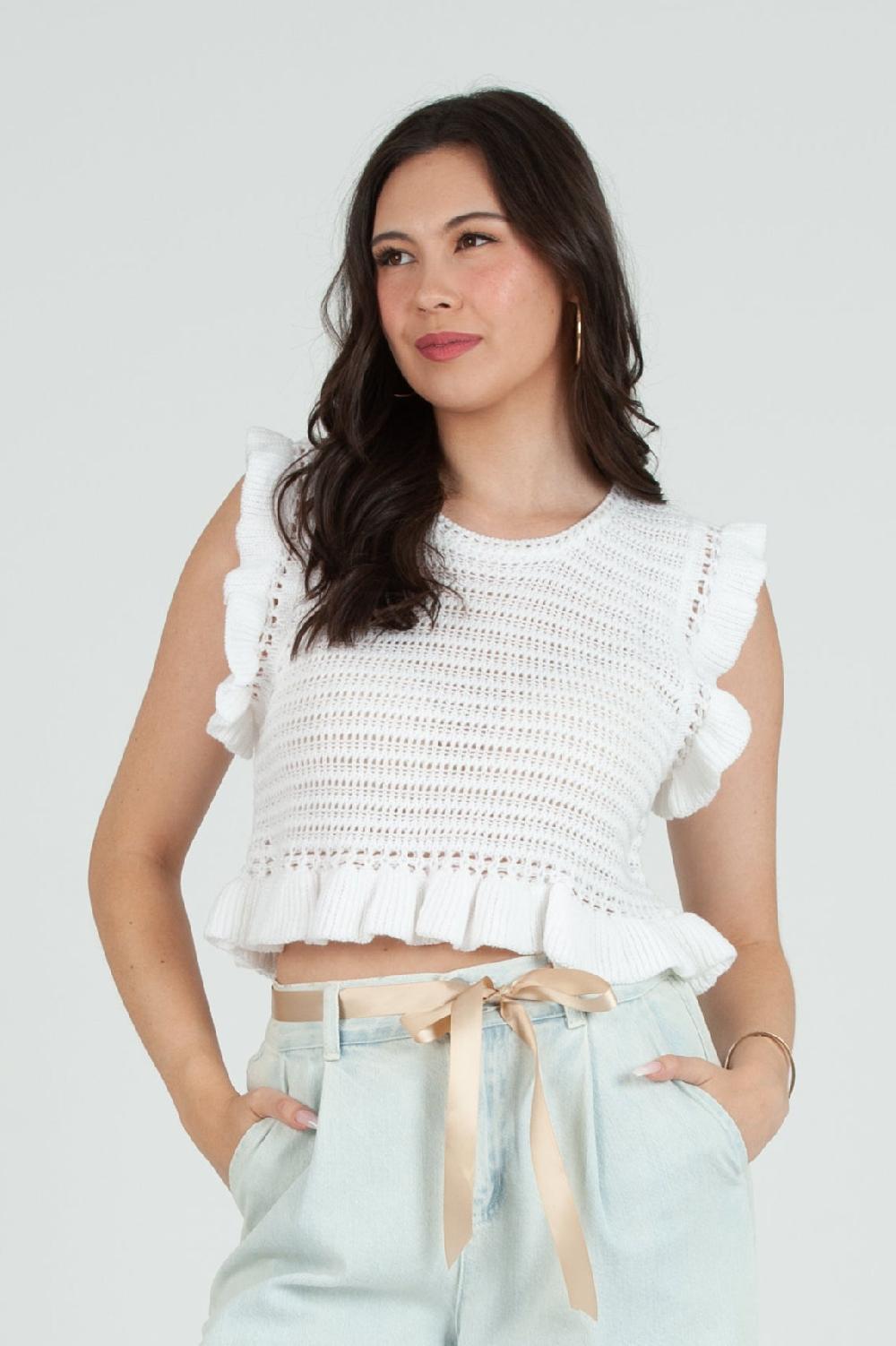 lucca couture Women's Crochet Ruffle Sleeve Top