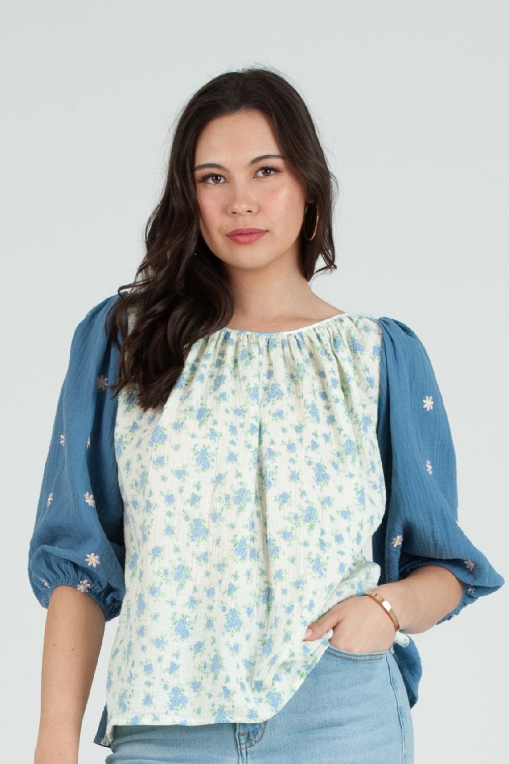 lucca couture Women's Gauze Print Mix Blouse Top