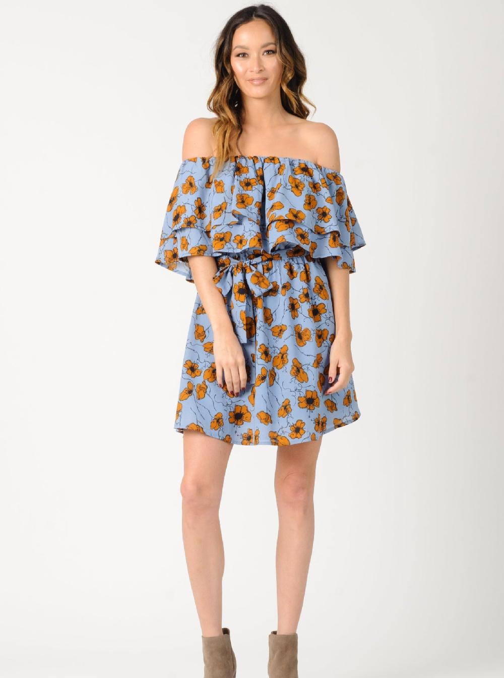 lucca couture MARYBELLE OFF THE SHOULDER LAYERED DRESS-BLUE/GOLD