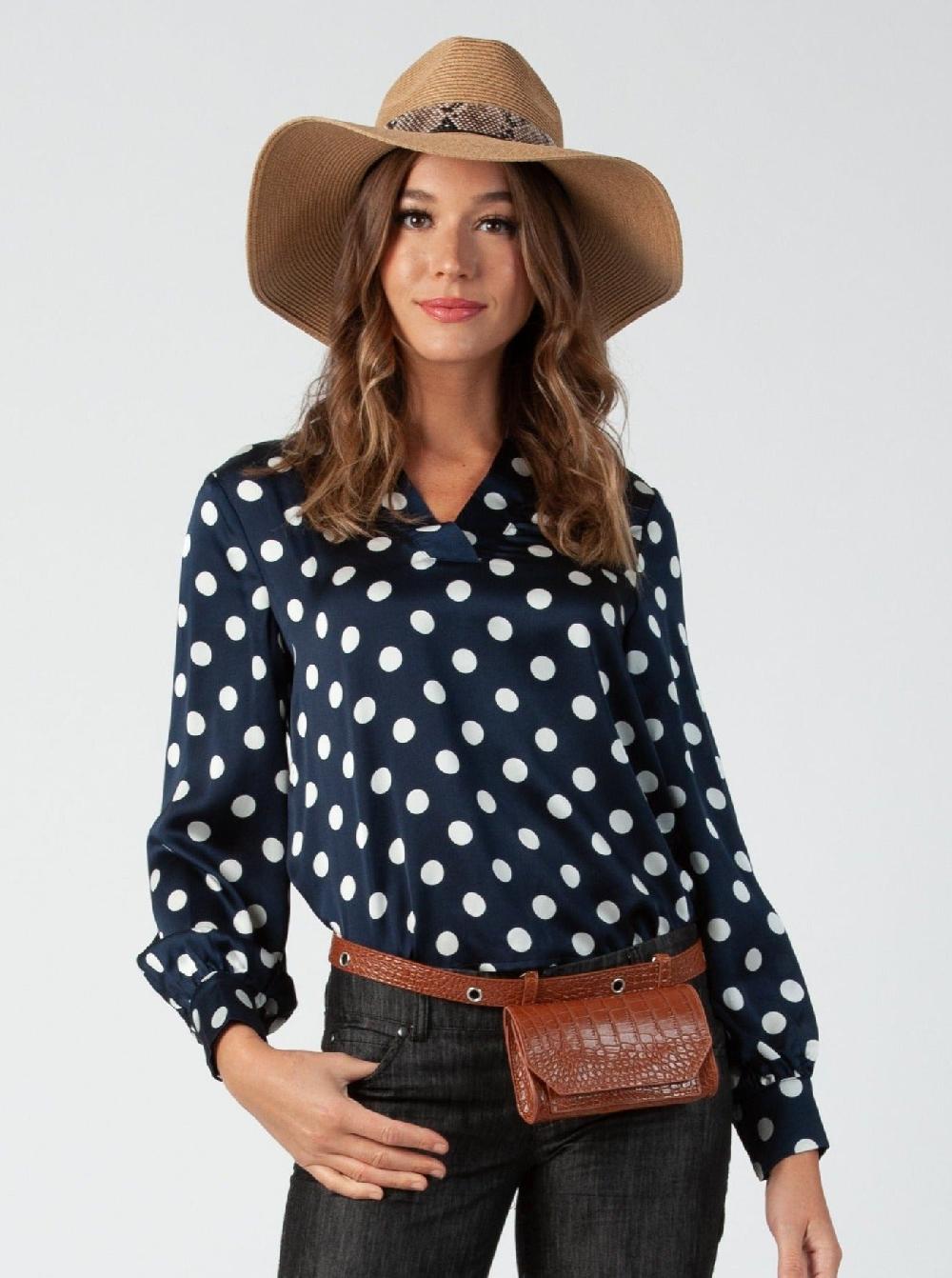 lucca couture MAYFLOWER CUFFED BLOUSE-NAVY POLKA DOT