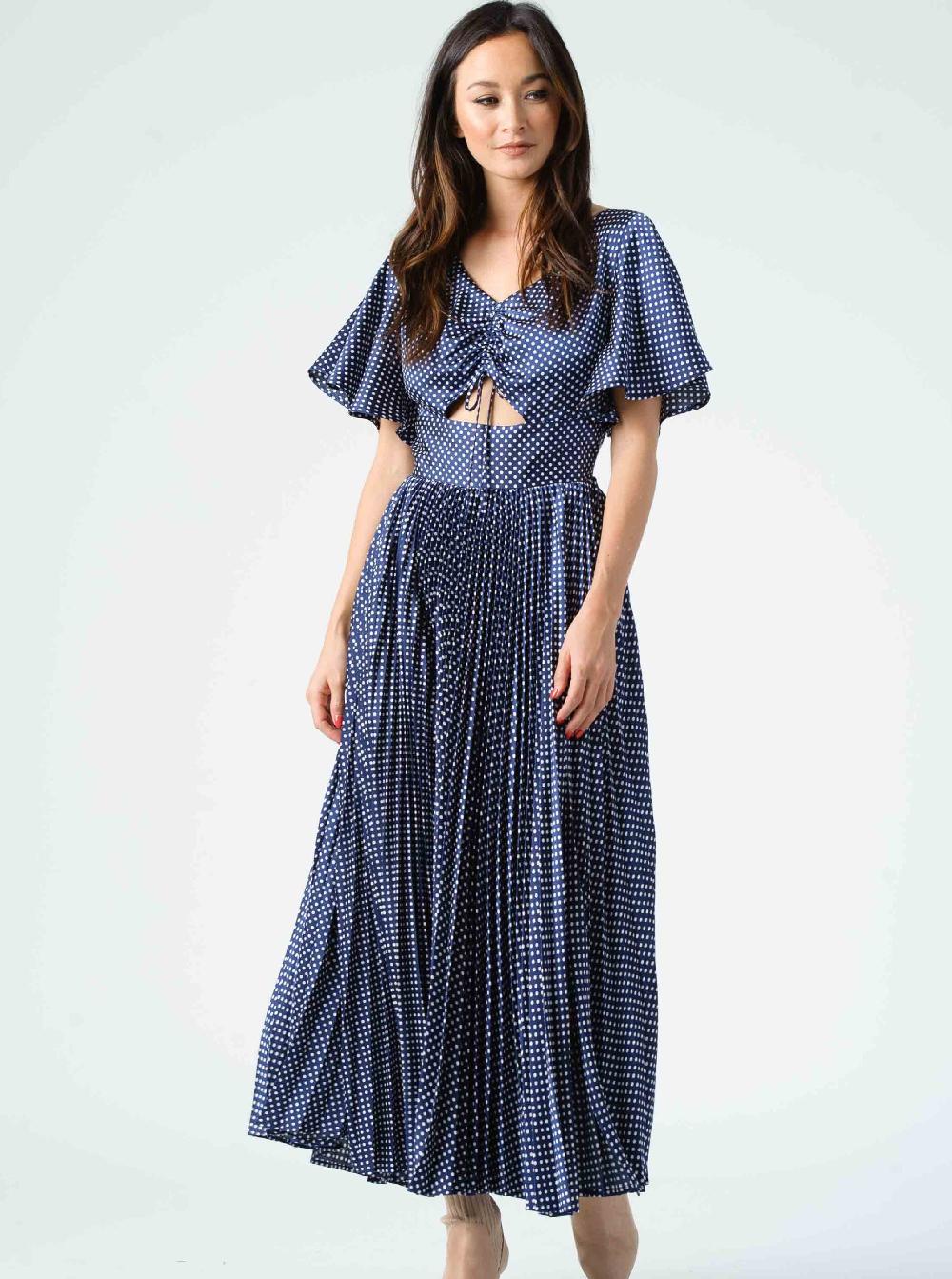 lucca couture MEADOW PLEATED MIDI DRESS-NAVY POLKA DOT