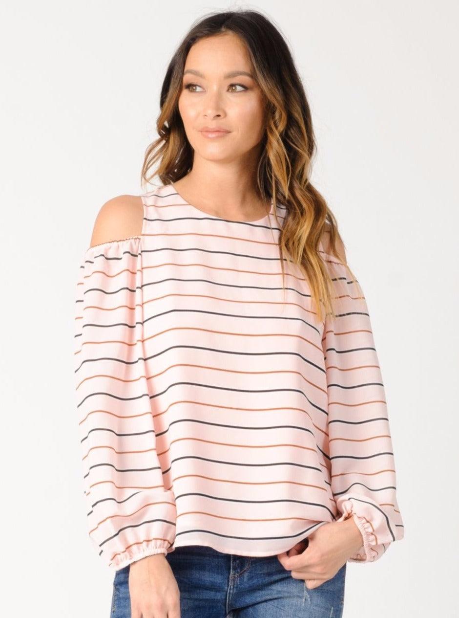lucca couture MICHELLE COLD SHOULDER TOP-PINK STRIPE