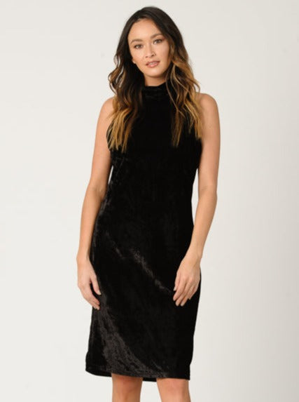 lucca couture MILA MOCK NECK CRUSH VELVET DRESS-BLACK
