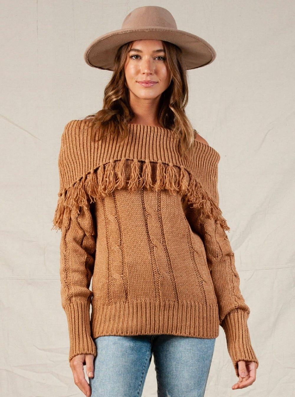 lucca couture NOELLE TASSEL COWL CABLE KNIT SWEATER-HONEY