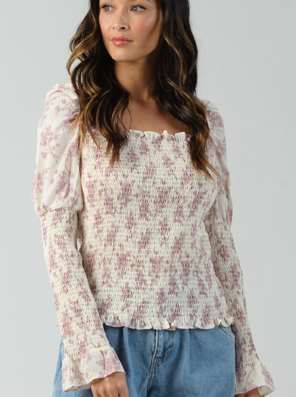 lucca couture OLEANA SMOCKED SLEEVE TOP-CREAM FLORAL