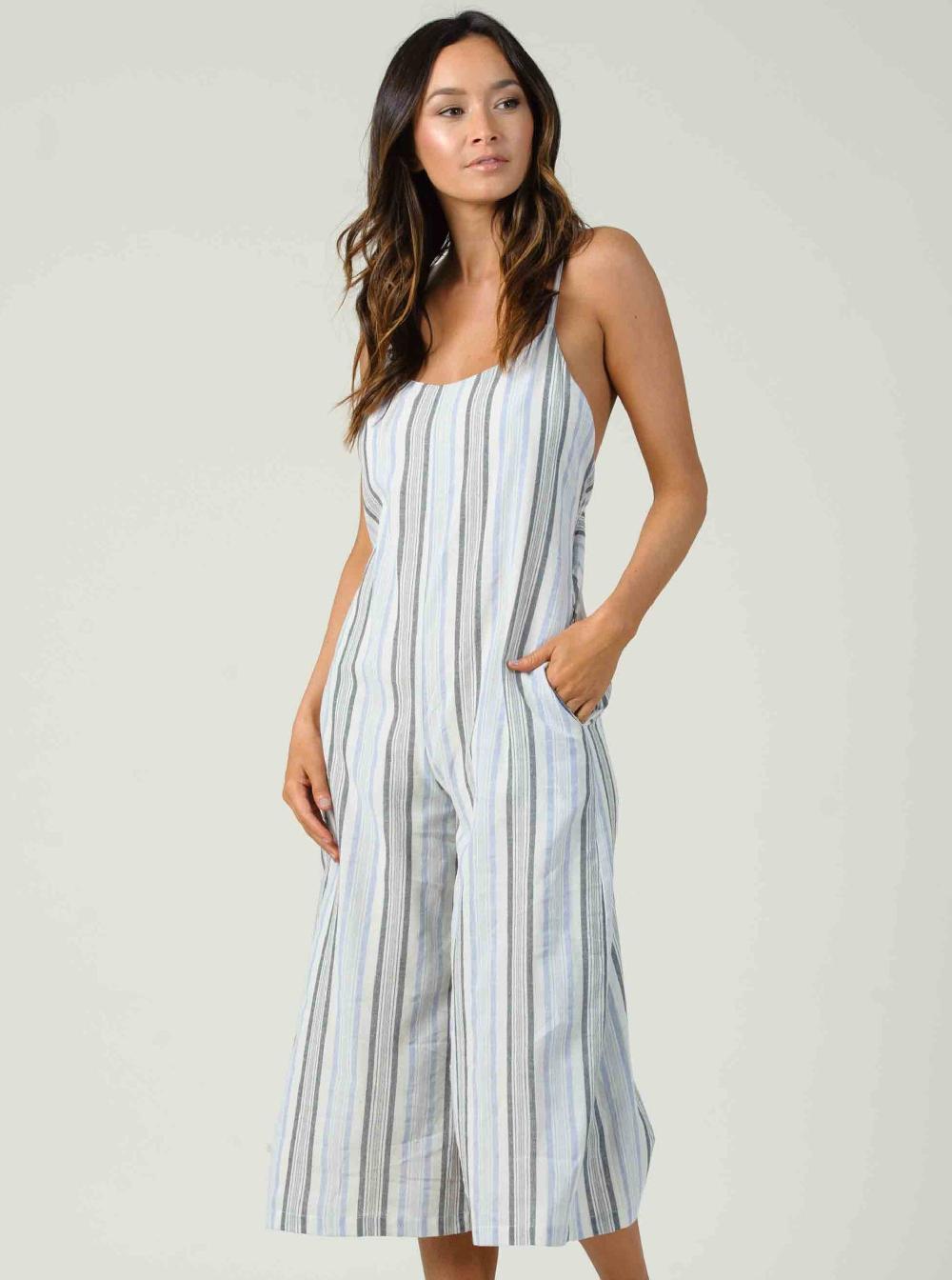 lucca couture ORCHID TIE BACK JUMPSUIT-BLUE MULTISTRIPE