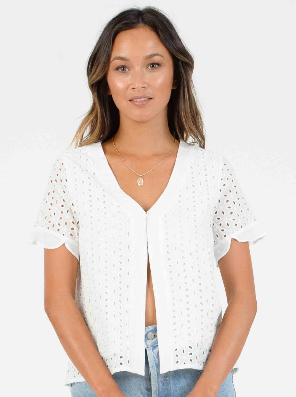 lucca couture ORION TOP W/ PEDAL SLEEVES-WHITE EYELET