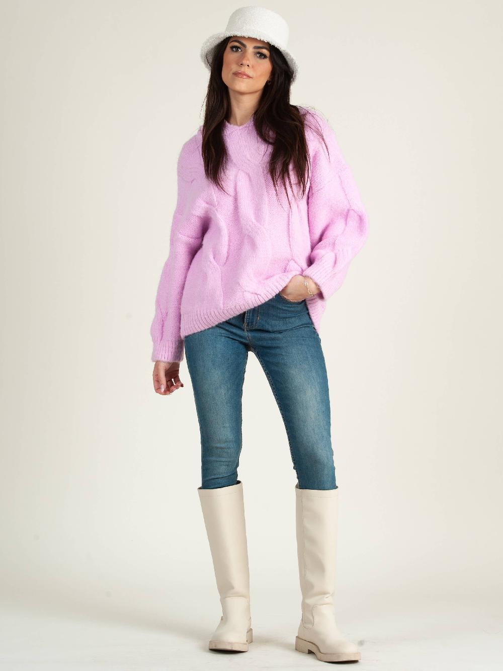 Lucca Couture OVERSIZED SOFT CABLE KNIT PULLOVER-PINK