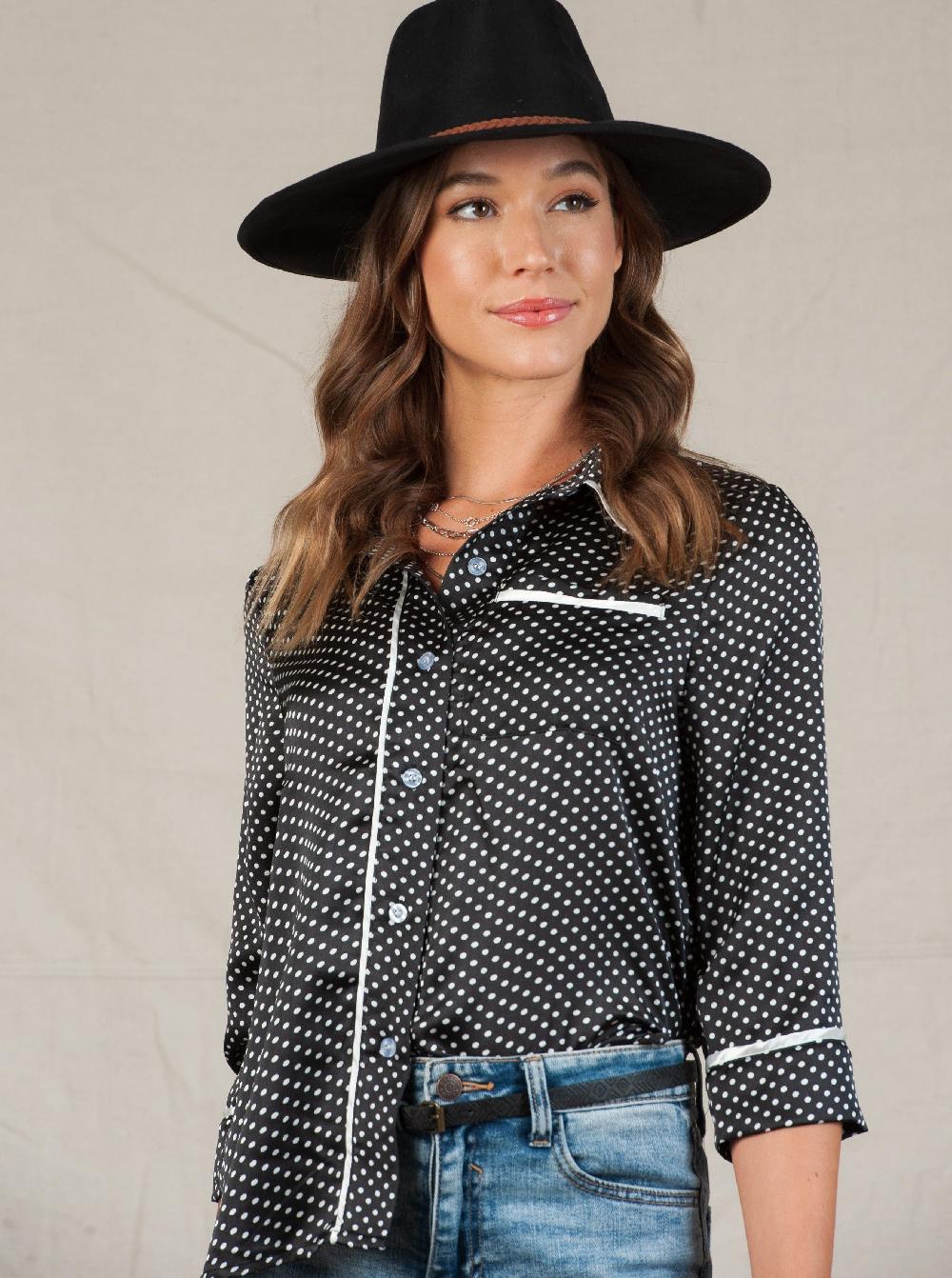 lucca couture PAJAMA BUTTON DOWN BLOUSE-BLACK POLKA DOT