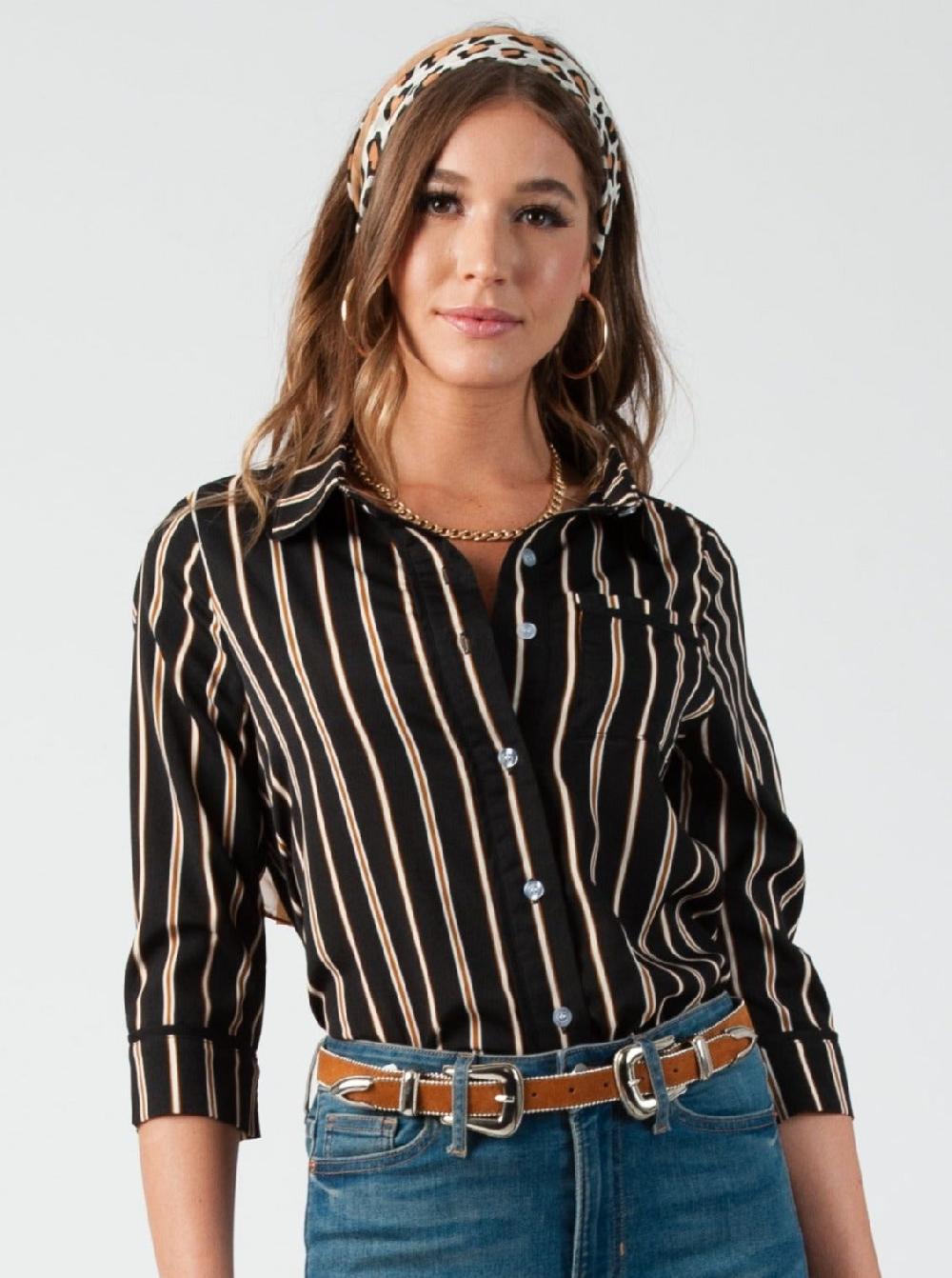 lucca couture PAJAMA BUTTON DOWN BLOUSE-BLACK STRIPE