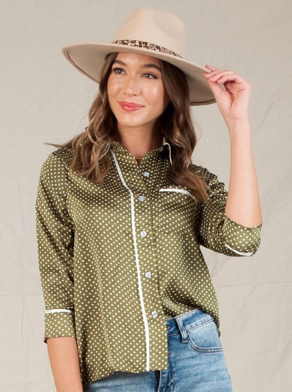 lucca couture PAJAMA BUTTON DOWN BLOUSE-OLIVE POLKA DOT