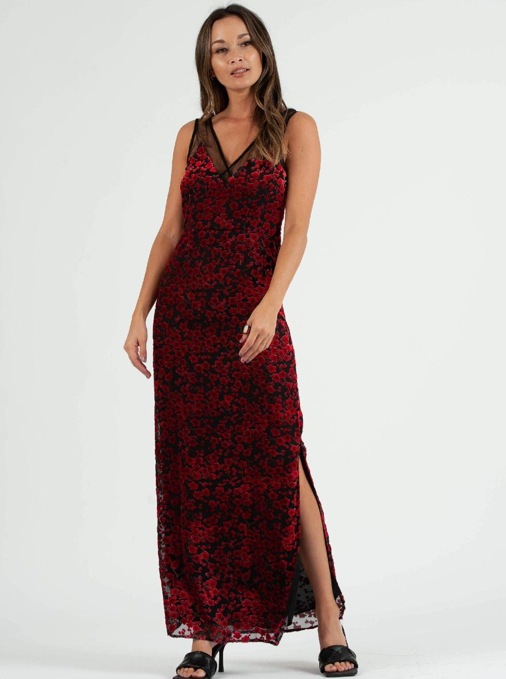 lucca couture PENELOPE MESH INSET MAXI DRESS-RED VELVET FLORAL