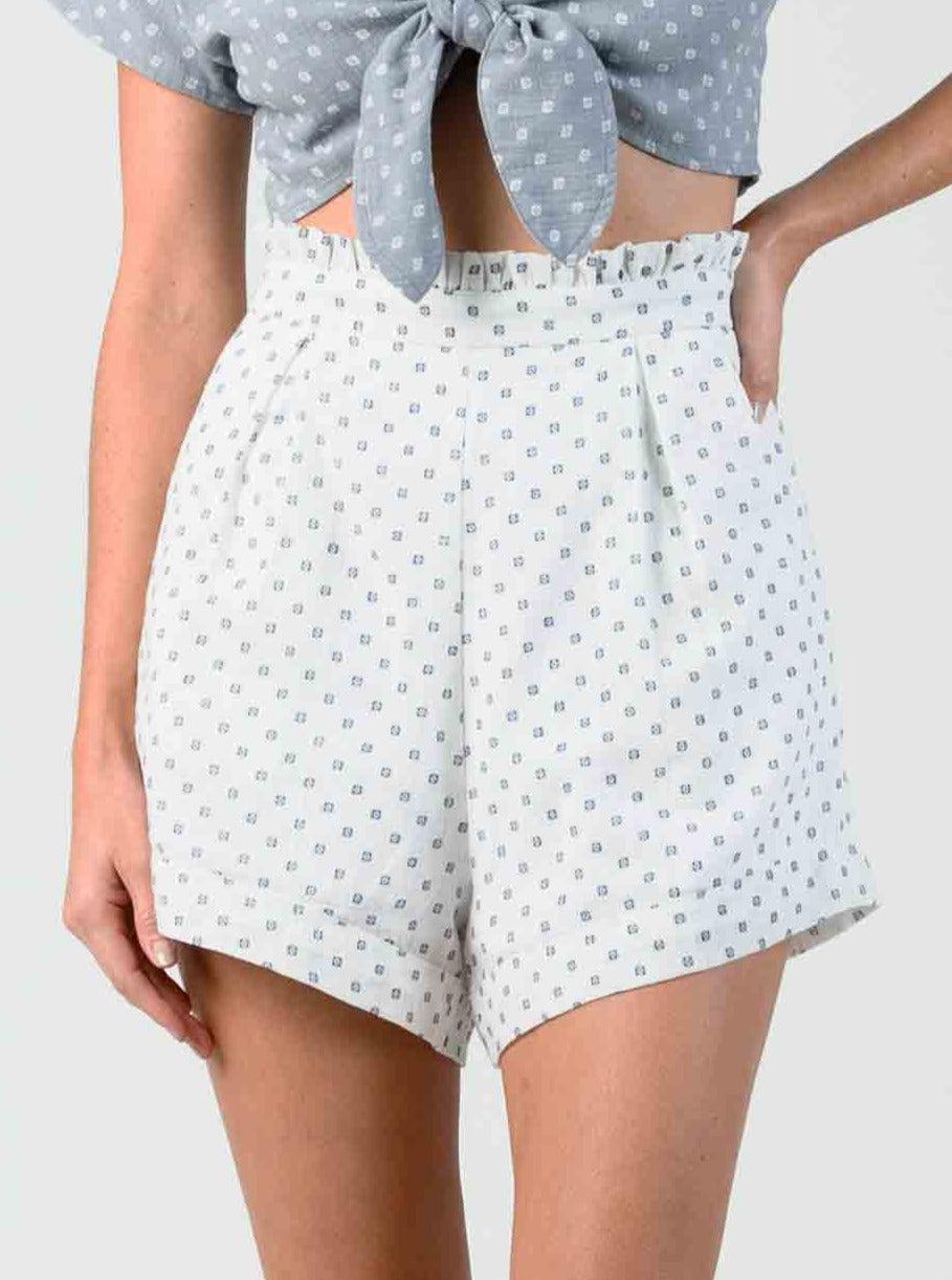 lucca couture POPPY RUFFLE WAIST SHORTS-WHITE BRUSH