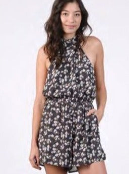 lucca couture PRINTED HIGH NECK HALTER ROMPER-BLK/BLU FL