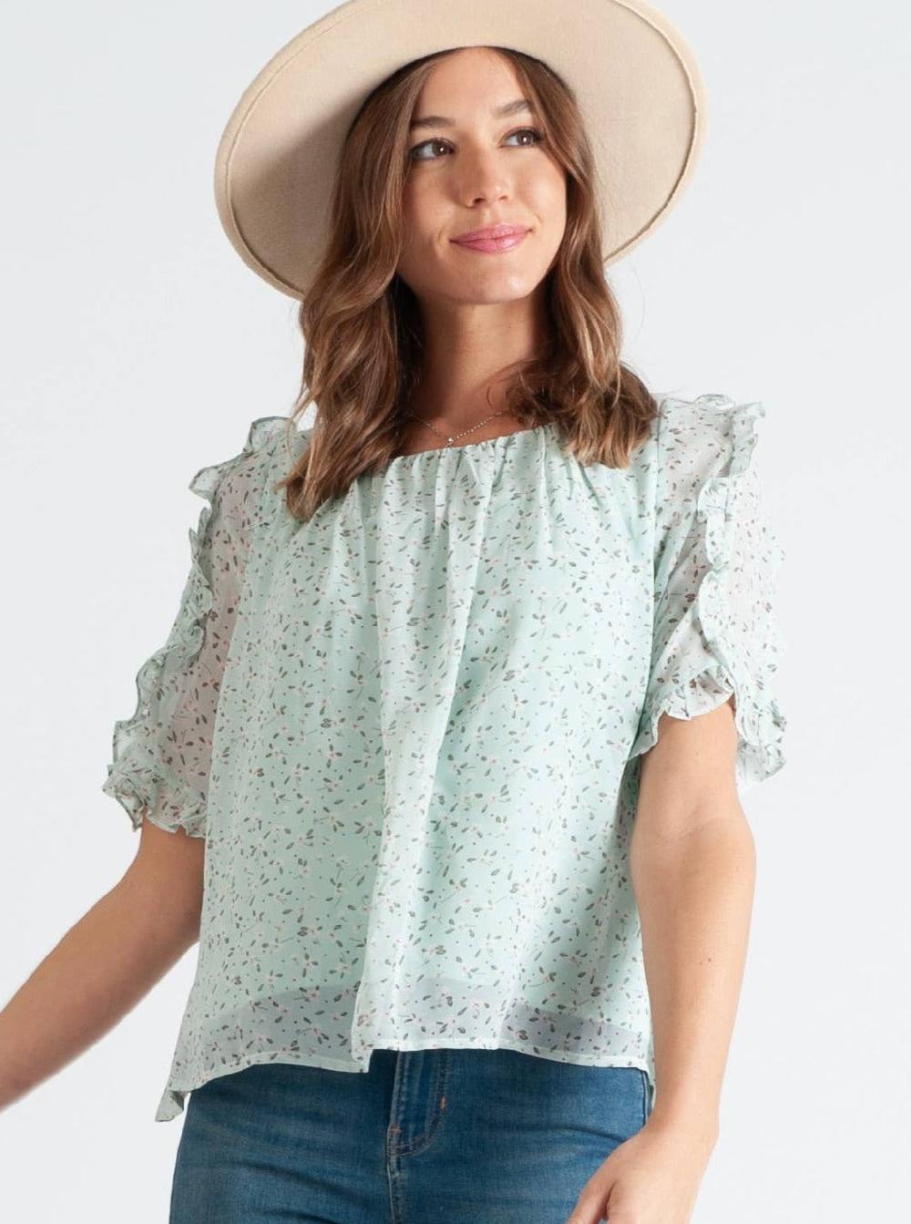 lucca couture RAILAY RUFFLE SLEEVE BLOUSE-MINT FLORAL