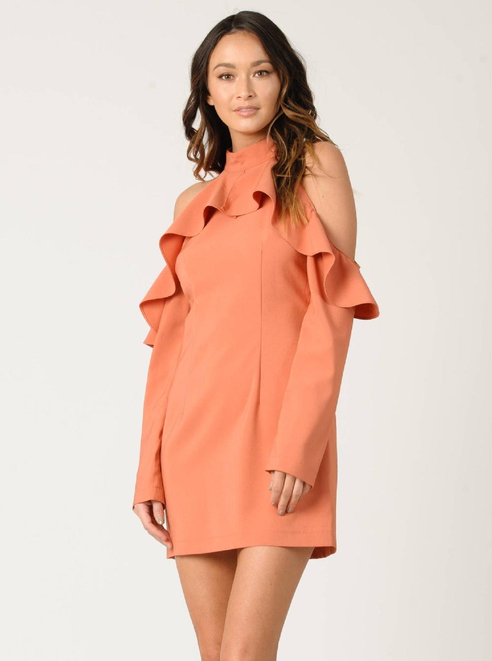 lucca couture ROBIN COLD SHOULDER RUFFLE DRESS-TERRA COTTA