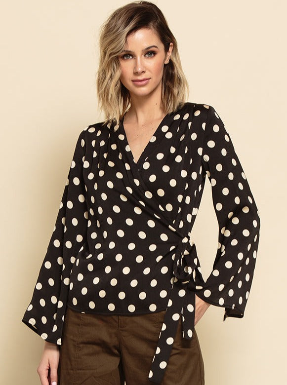 lucca couture RUTH TRUMPET SLEEVE WRAP BLOUSE-BLACK POLKADOT
