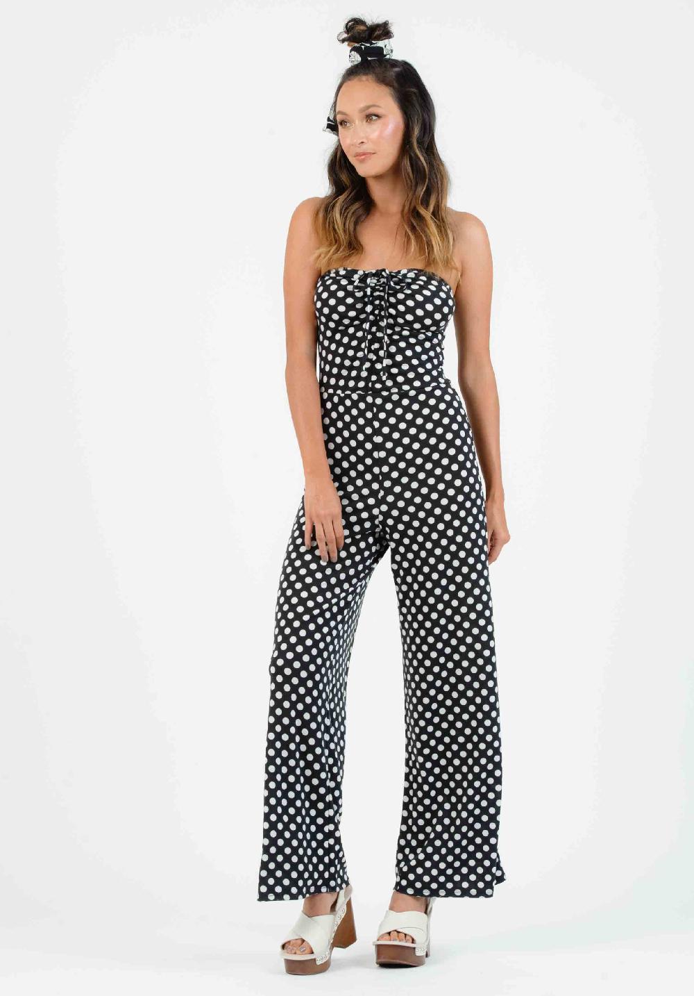 lucca couture SEFINA SYNCHED JUMPSUIT-BLACK/WHITE POLKA DOT