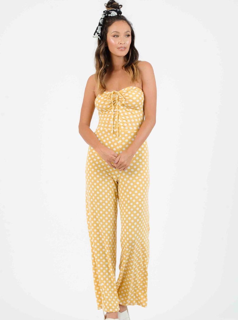 lucca couture SEFINA SYNCHED JUMPSUIT-MUSTARD/WHITE POLKA DOT