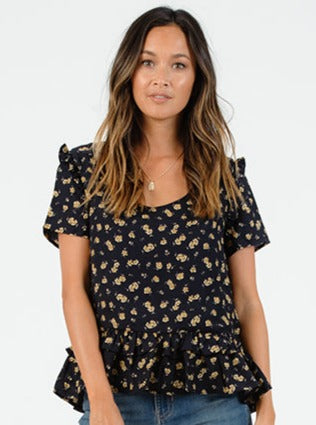 lucca couture SHELBY SCOOP NECK RUFFLE TOP-NAVY FLORAL