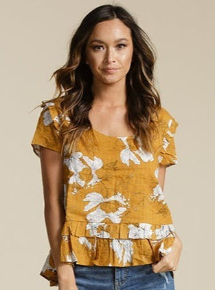 lucca couture SHELBY SCOOP NECK RUFFLE TOP-SUNSET HIBISCUS