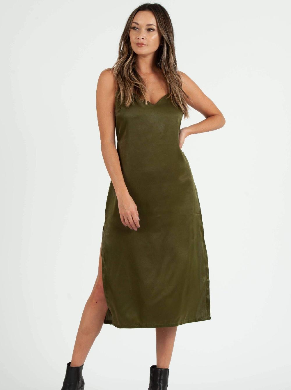 lucca couture SIERRA SATIN TIE BACK DRESS-MOSS GREEN