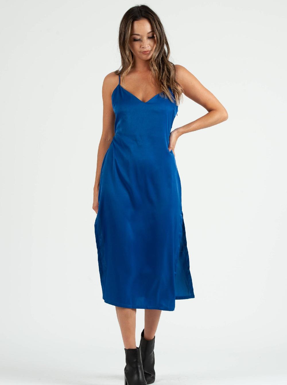 lucca couture SIERRA SATIN TIE BACK DRESS-ROYAL BLUE
