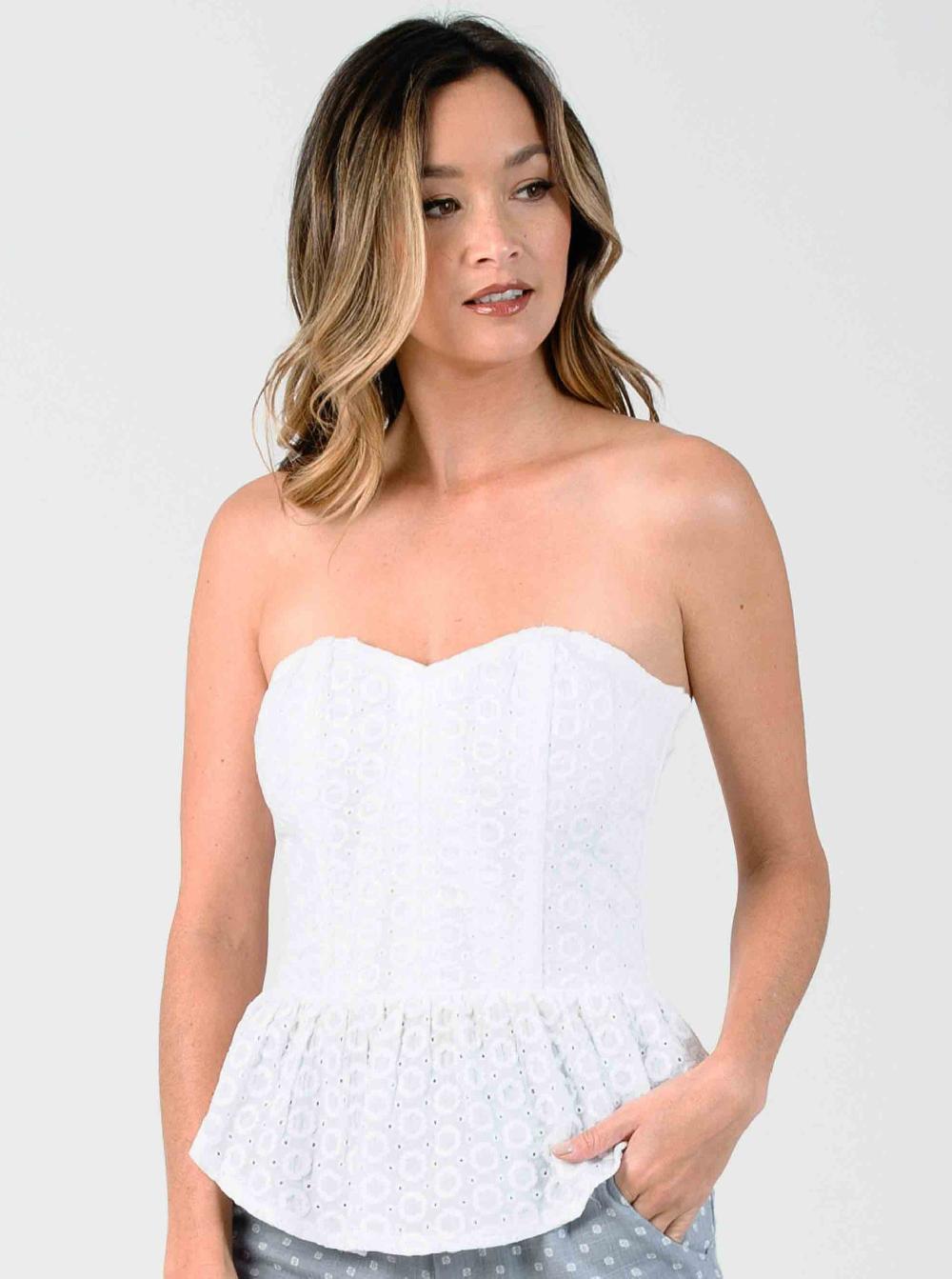 lucca couture SWEETHEART PEPLUM BUSTIER-WHITE EYELET
